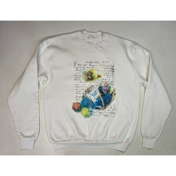 VINTAGE Floral Flower Graphic Crewneck Sweatshirt Women Large White USA 90s - Picture 1 of 5